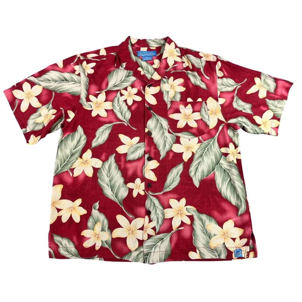 Bermuda Bay Silk Hawaiian Shirt Red Floral Tropical Short Sleeve‎ Mens Sz Medium